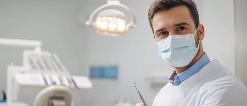 Professional dentist wearing protective mask and coat, holding dental tool in modern, well equipped dental office with chair and lighting in background.