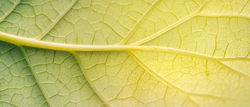 Extreme close up of a backlit green leaf showing intricate vein patterns and cellular structure, creating a natural abstract design.