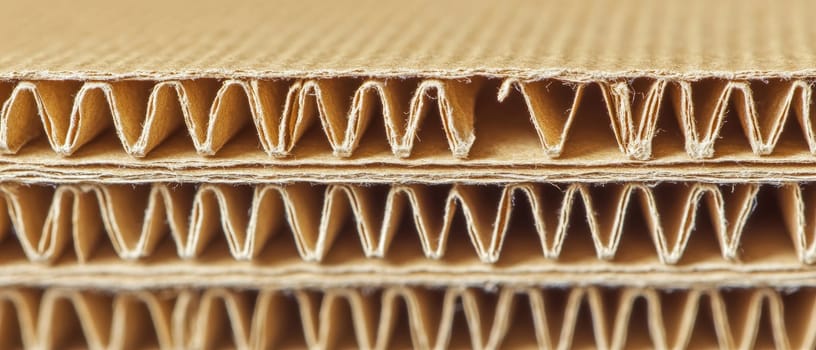 Macro view of corrugated cardboard layers showing honeycomb structure, highlighting strength and lightweight design of packaging material.