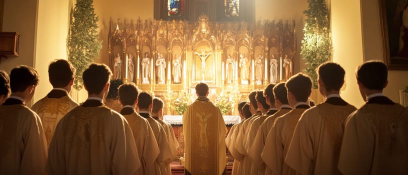 Rear view of priests and altar servers in golden vestments facing ornate altar during a traditional Catholic mass ceremony.