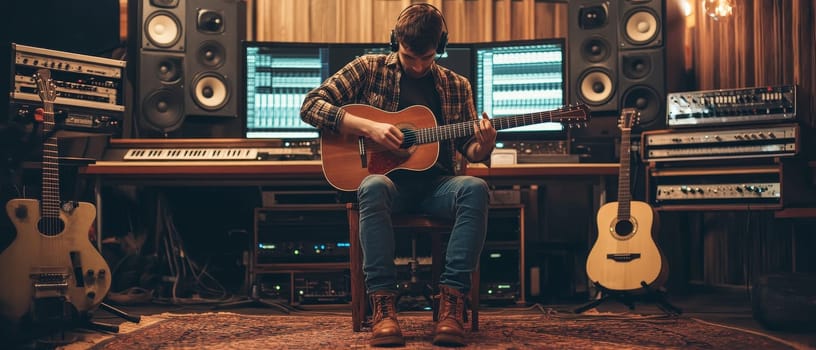 Guitarist playing acoustic guitar in professional home recording studio, surrounded by musical equipment and digital audio workstation screens.
