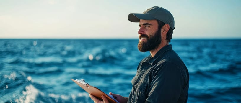 Bearded marine biologist with clipboard smiles while conducting research near the ocean, exemplifying environmental science and conservation efforts.