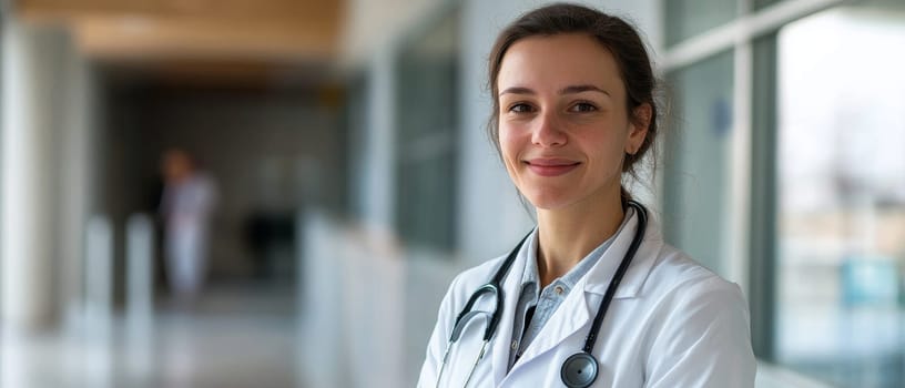 Portrait of a friendly female doctor with stethoscope smiling in a bright hospital corridor, embodying healthcare professionalism and patient care.