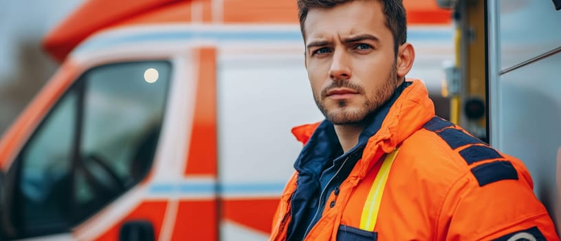 Close up of a focused male paramedic in high visibility uniform standing by an ambulance, ready for emergency response.