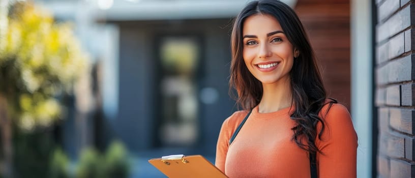 Smiling young woman holding clipboard outside modern house, representing real estate, property management, or home inspection services.
