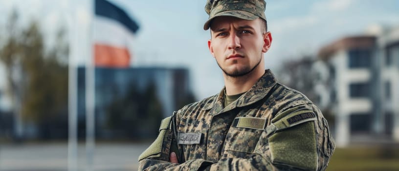 Portrait of a determined young soldier in camouflage uniform and cap, standing at attention with a national flag in the background.