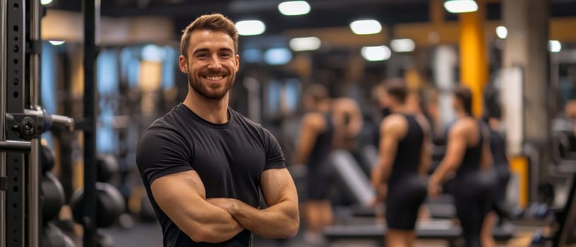 Confident fitness trainer standing with arms crossed in a vibrant gym environment, ready to motivate clients.
