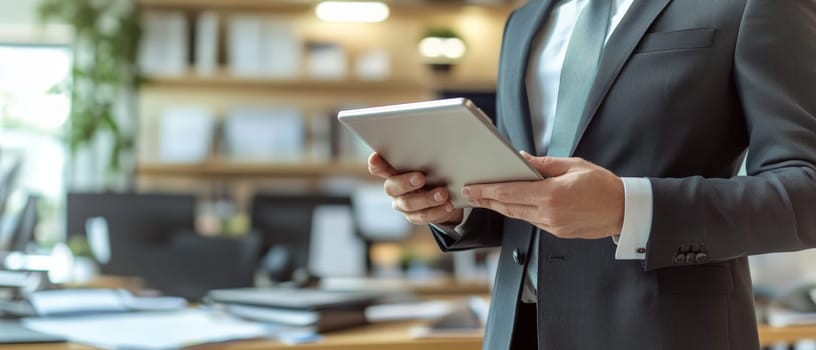 Business professional in a sleek suit using a tablet in a modern office setting filled with documents and technology.