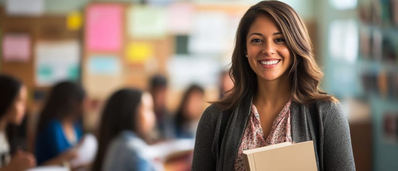 Confident female teacher with warm smile standing in classroom, holding book, with colorful bulletin board in background, embodying education and inspiration.