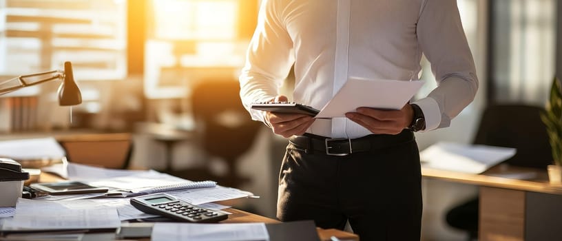 Cropped view of businessman in formal attire reviewing financial documents and using calculator in sunlit office, symbolizing analysis and decision making.