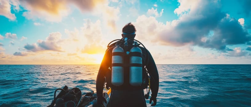 Adventurous scuba diver in gear facing the open sea, ready for an underwater exploration at a stunning sunset.