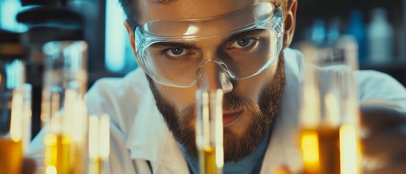 Close up of a bearded scientist wearing protective goggles, intensely examining glowing test tubes in a dimly lit laboratory, showcasing dedication to scientific research.