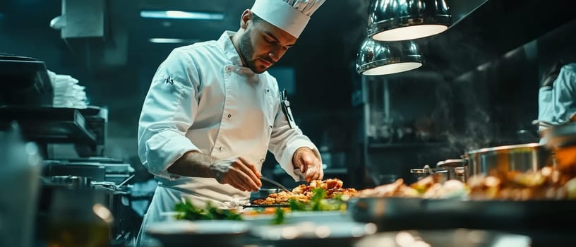 Professional chef skillfully prepares a gourmet dish in a bustling restaurant kitchen under warm lighting.