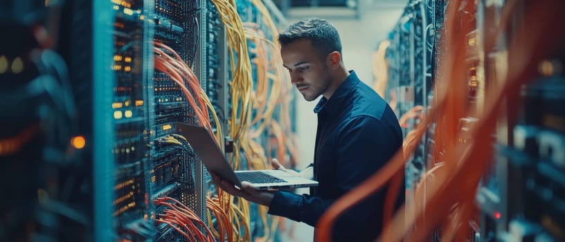Focused IT technician working with laptop in dimly lit server room, surrounded by network equipment and glowing cables, representing digital infrastructure maintenance.