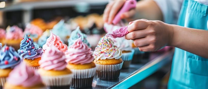 Close up of hands decorating colorful cupcakes with pastel frosting and sprinkles, showcasing culinary artistry and attention to detail in baking.