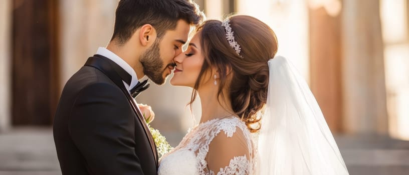 A romantic moment captured between a bride and groom, highlighting love and elegance on their special day.