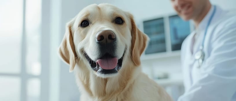 A cheerful golden retriever at the vet, showcasing its friendly demeanor in a bright clinic environment.