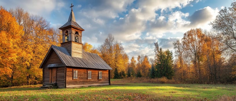 Picturesque wooden church with bell tower nestled among vibrant autumn foliage, set against a dramatic cloudy sky, embodying rural serenity and spiritual tranquility.