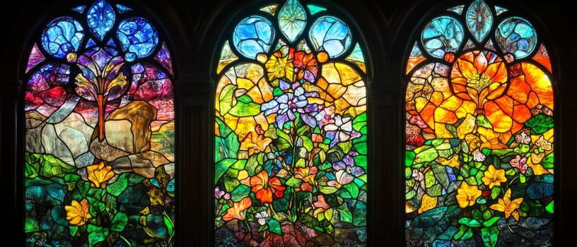 Stunning triptych of ornate stained glass windows featuring colorful floral designs, trees, and nature scenes, showcasing intricate craftsmanship and artistic beauty in sacred architecture.