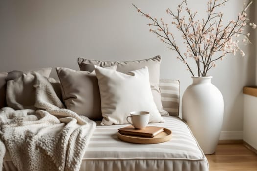 Elegant living room featuring soft pillows, a warm blanket, and a vase with delicate branches. Minimalist, neutral decor ideal for concepts of comfort and relaxation