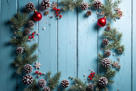 Festive Christmas wreath with frosted pine cones, red ornaments, and evergreen branches arranged on a rustic blue wooden background. Ideal for holiday themes and seasonal decorations.