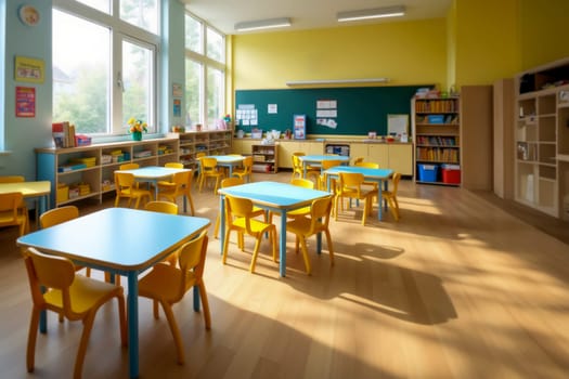 Sunlit classroom featuring blue tables, yellow chairs, and a well-organized space with shelves and a green chalkboard. Ideal for themes of education, learning, and childhood environments.