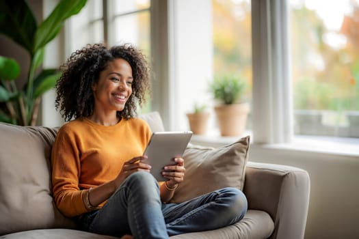 Young woman sitting comfortably on a sofa at home, using a tablet with a cheerful expression. Perfect for themes of technology, leisure, and modern lifestyle in a relaxed setting.
