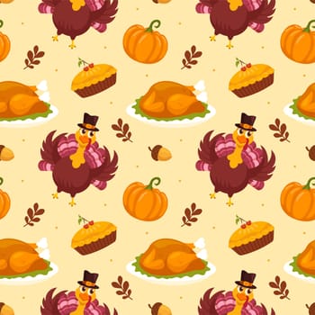 Festive Thanksgiving Day Seamless Pattern Template featuring Vibrant Flat Style Cartoon Elements for Seasonal Designs and Holiday Decorations