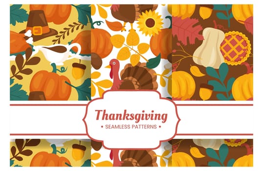 Festive Thanksgiving Day Seamless Pattern Template featuring Vibrant Flat Style Cartoon Elements for Seasonal Designs and Holiday Decorations