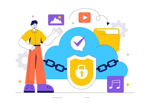 Digital Cloud Security Vector Illustration of Safety and Data Protection for Network, Internet, Hosting, and Backup Servers in a Technological