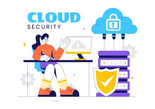 Digital Cloud Security Vector Illustration of Safety and Data Protection for Network, Internet, Hosting, and Backup Servers in a Technological