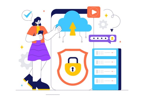 Digital Cloud Security Vector Illustration of Safety and Data Protection for Network, Internet, Hosting, and Backup Servers in a Technological