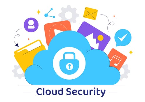 Digital Cloud Security Vector Illustration of Safety and Data Protection for Network, Internet, Hosting, and Backup Servers in a Technological