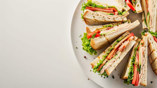 Rotating plate of sandwiches against a blank backdrop for text