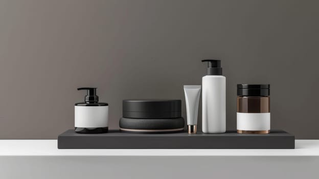 A shelf with a variety of beauty products including a bottle of lotion, a bottle of shampoo, and a bottle of perfume