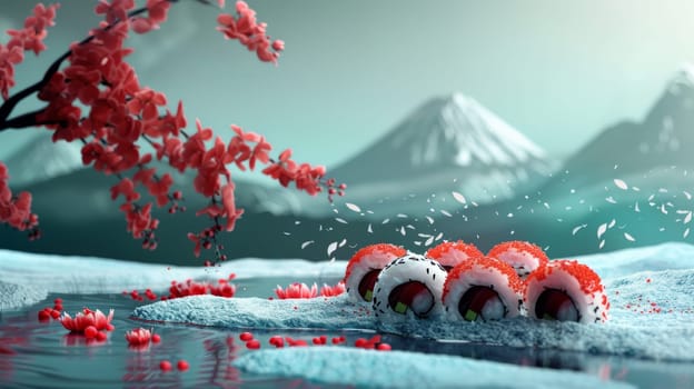 Spinning sushi rolls merged with a traditional Japanese landscape, honoring culture