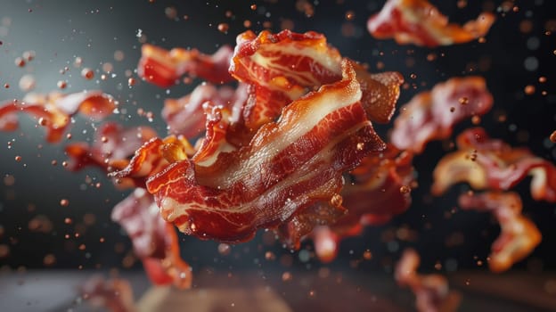 Top-down shot of levitating pieces of crispy bacon