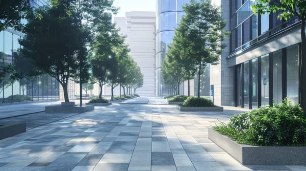 A city street with a sidewalk and trees lining the street