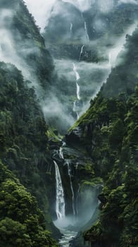 Towering waterfalls plunging into misty gorges