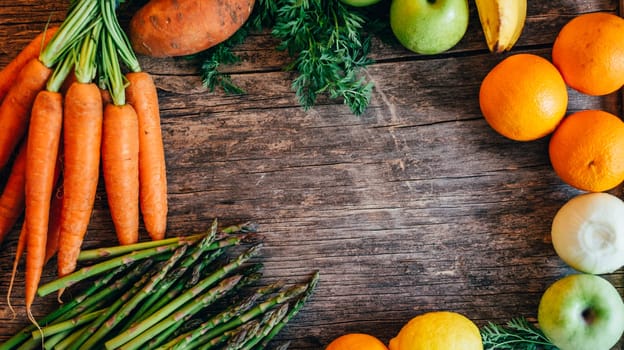Healthy bio food ingredients frame background from above. Top view of organic superfood border on rustic  wooden table. Colorful fruits and vegetables overhead. Farm market design menu with fresh groceries. Carrot, asparagus, sweet potato, onion, citrus and apples for smoothie recipe.