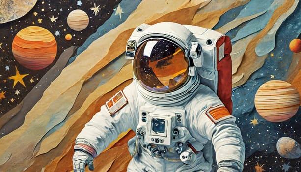 Surreal Astronaut in Space-Themed Collage with Colorful Planets and Stars