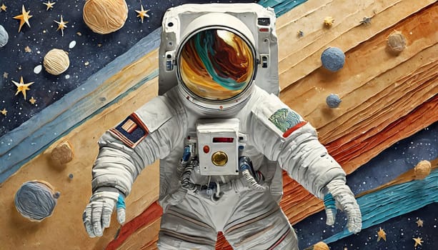 Surreal Astronaut in Space-Themed Collage with Colorful Planets and Stars