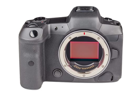 black 2020s professional 35mm full-frame mirrorless camera body with flip screen isolated on white background.