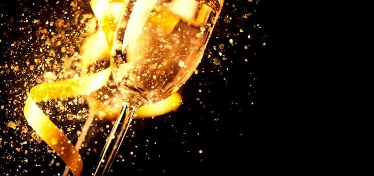 Two champagne glasses with golden ribbon and gold glitter splash bokeh on dark background. Luxury restaurant dinner celebration. Classy christmas and new year holiday panoramic design banner.