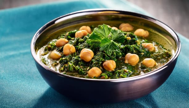 chana saag indian curry food with chickpeas and leaves, AI generated image