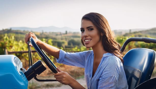 gorgeous young woman driving a blue tractor, AI generated image