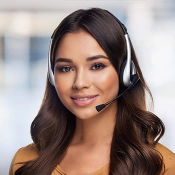 gorgeous young woman with headset in call centre, AI generated image