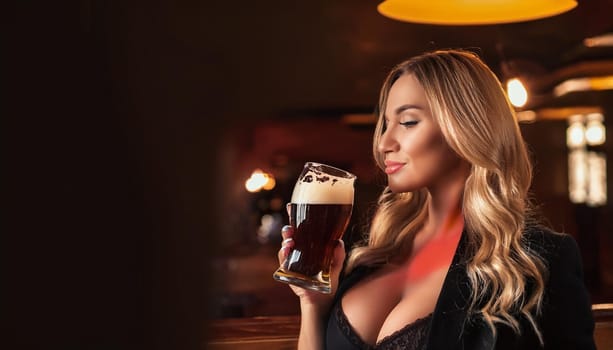 gorgeous young woman drinking beer at the pub, AI generated image