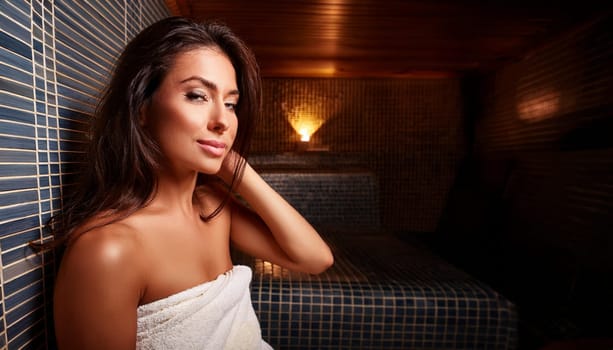 gorgeous young woman in sauna, AI generated image