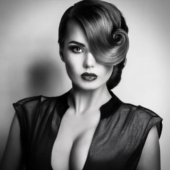 portrait of pretty young woman in black and white, AI generated image